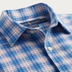 Ralph Lauren Blue Plaid Button Down Shirt Men's L Slim Fit Cotton